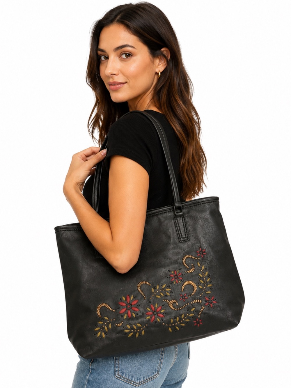 Italian Leather Laser Cut Floral Embroidered Leather Tote